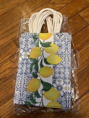 12 Pcs Amalfi Coast/ Mediterranean Lemon Paper Gift Bags Blue Floral Tiles
